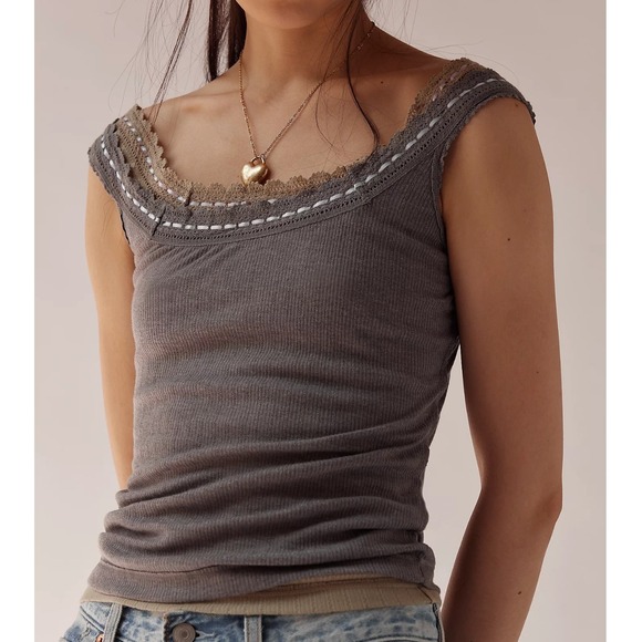 Free People Tops - NWT Free People Intimately Only You Gray Ribbed Ribbon Lace Tank Top‎ XS